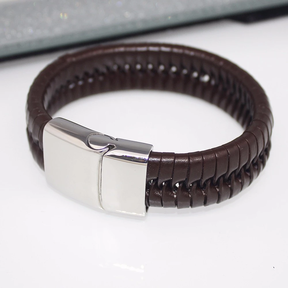 Latest style coffee PU leather braided bracelets for men, Stainless Steel Titanium bracelets jewelry with metal buckle