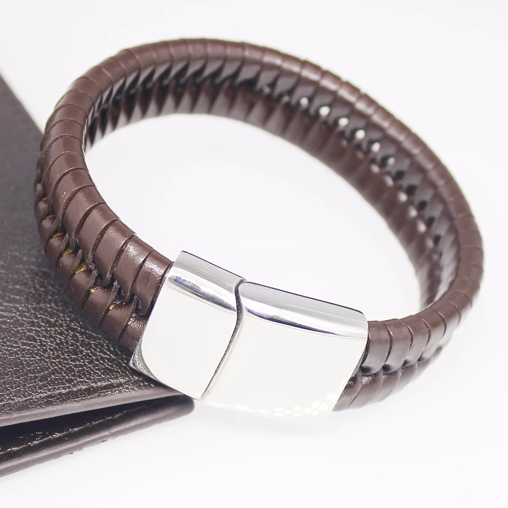 Latest style coffee PU leather braided bracelets for men, Stainless Steel Titanium bracelets jewelry with metal buckle