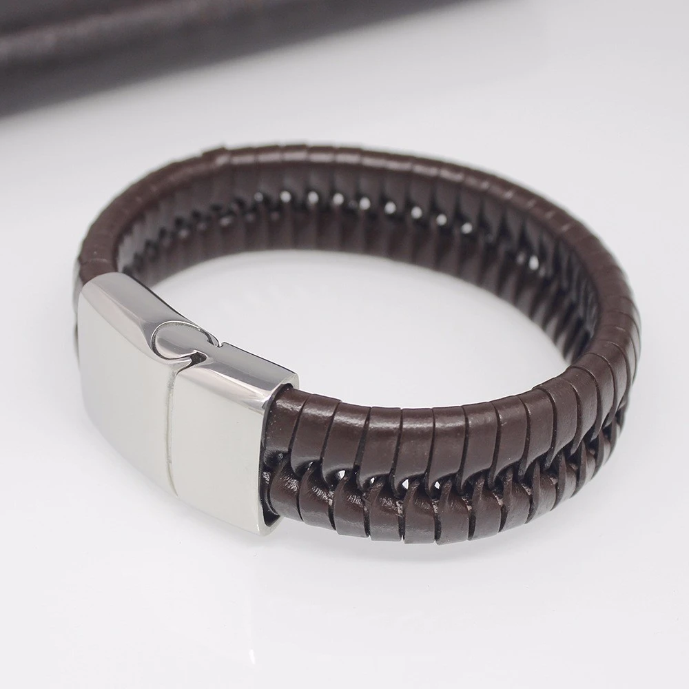 Latest style coffee PU leather braided bracelets for men, Stainless Steel Titanium bracelets jewelry with metal buckle