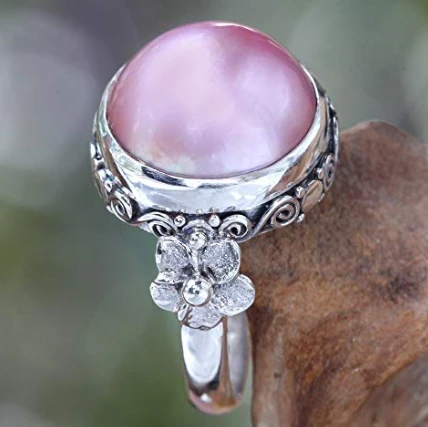 Pink Cultured Mabe Pearl 925 Sterling Silver Flower Ring Wholesale China