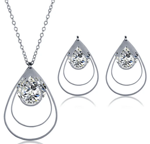 Shenzhen factory high grade brilliant Ladies Jewellery Earring And necklace steel CZ statement silver jewelry set