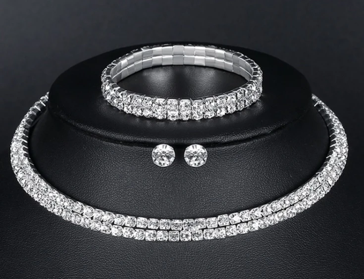 Silver Color Crystal Bridal Jewelry Sets African Beads Rhinestone Necklace Earrings Bracelet Sets