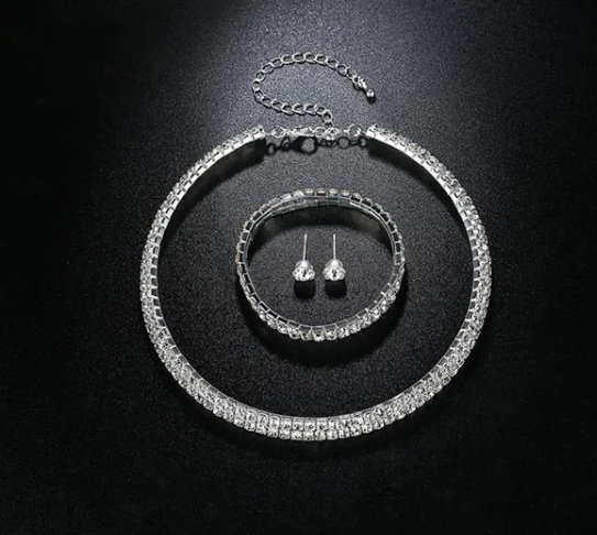 Silver Color Crystal Bridal Jewelry Sets African Beads Rhinestone Necklace Earrings Bracelet Sets