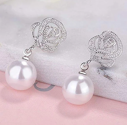 Vintage Pearl Earrings for Women Flower Drop Silver Pearl Dangle Earrings 10mm Wedding Jewelry