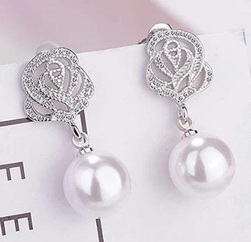 Vintage Pearl Earrings for Women Flower Drop Silver Pearl Dangle Earrings 10mm Wedding Jewelry