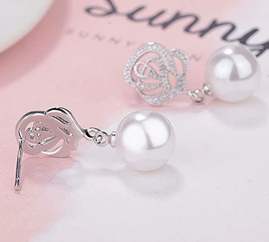 Vintage Pearl Earrings for Women Flower Drop Silver Pearl Dangle Earrings 10mm Wedding Jewelry