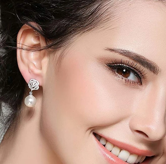 Vintage Pearl Earrings for Women Flower Drop Silver Pearl Dangle Earrings 10mm Wedding Jewelry