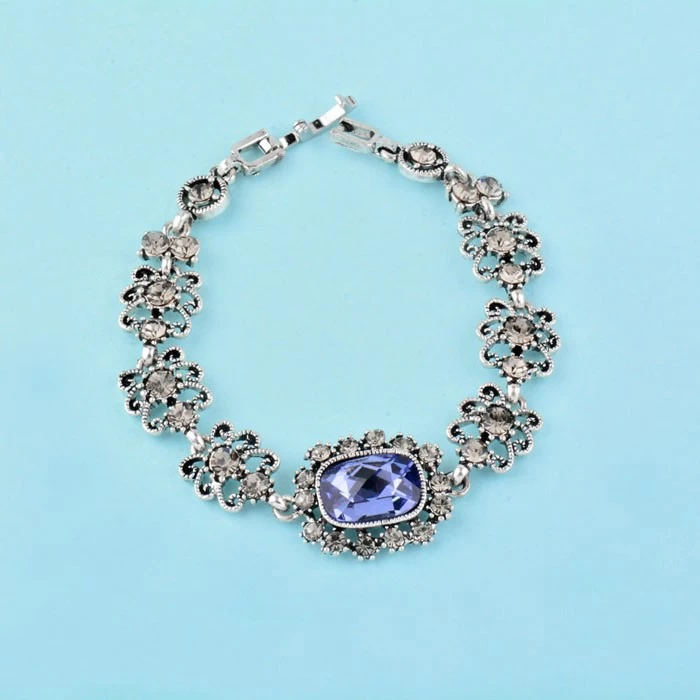 porcelana Vintage Purple Cubic Zircon Bangle & Bracelet Chain For Women Antique Silver Color Jewelry fabricante