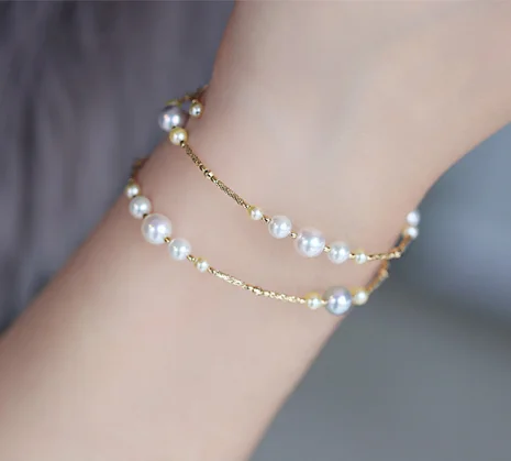 Wholesale Fashion 18K Rose Gold Plated Pearl Two Layers Chain Bracelet for Lady