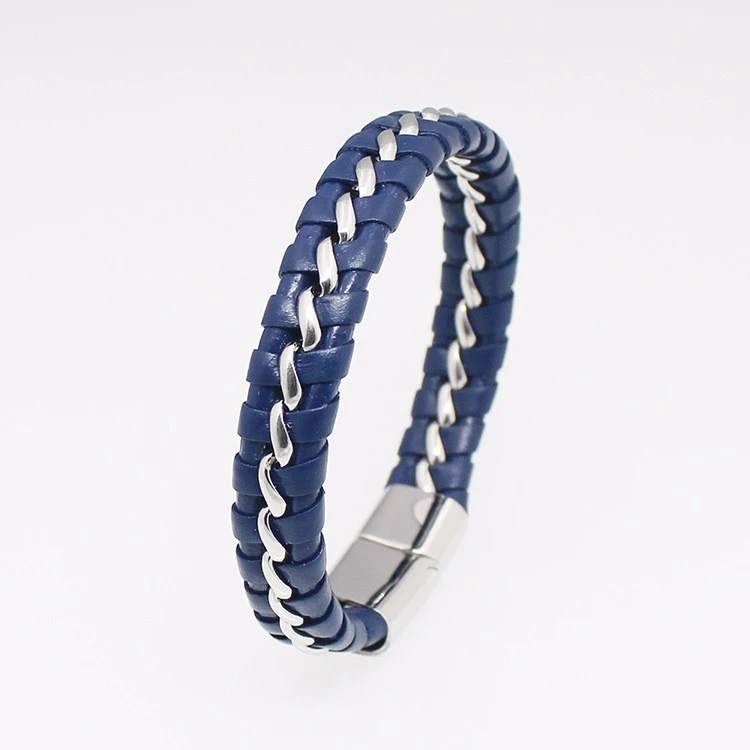 Wholesale PU leather braided bracelets for man, boys Stainless Steel bangles bracelets jewelry with magnetic clasp closure made in Shenzhen