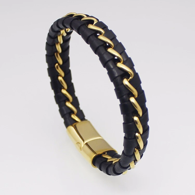Wholesale PU leather braided bracelets for man, boys Stainless Steel bangles bracelets jewelry with magnetic clasp closure made in Shenzhen