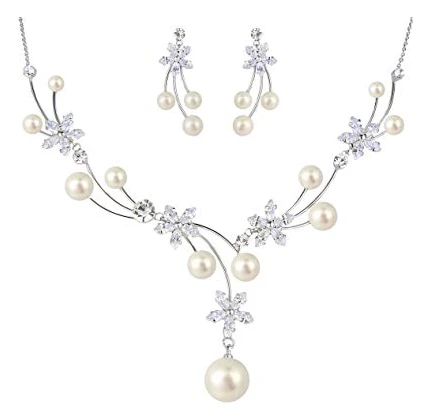 Wholesale Pearl Flower Filigree Bridal Necklace Earrings Set Ivory Color