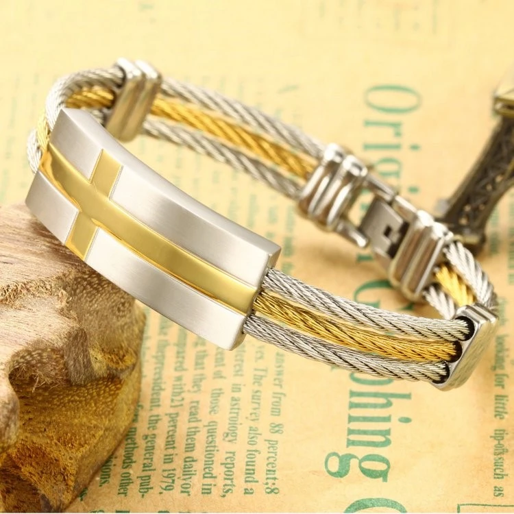 Fashion Men's Stainless Steel Titanium Bracelets Wholesale  Golden Jewelry ,Charm Triple Wire Bangles For Man With Metal Cross Buckle