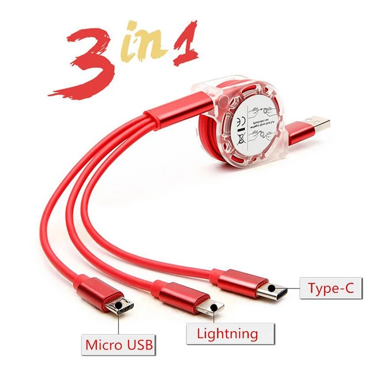 China Custom logo multi 3 in 1 retractable  Micro Type c iPhone lightning USB Charging Cable manufacturer
