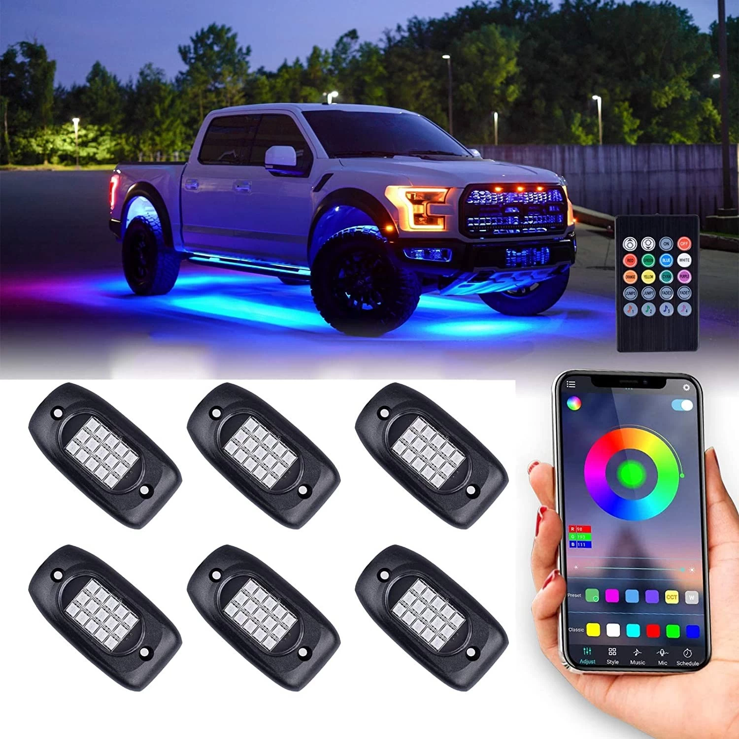 Chiny Bluetooth RGB LED Rock Lights Kit, Multicolor Neon Accent Music Flashing Lighting Underglow Kits with RF Controller for Off-Road, Trucks, Cars, UTV, ATV, SUV, RZR, Motorcycles, Boats producent