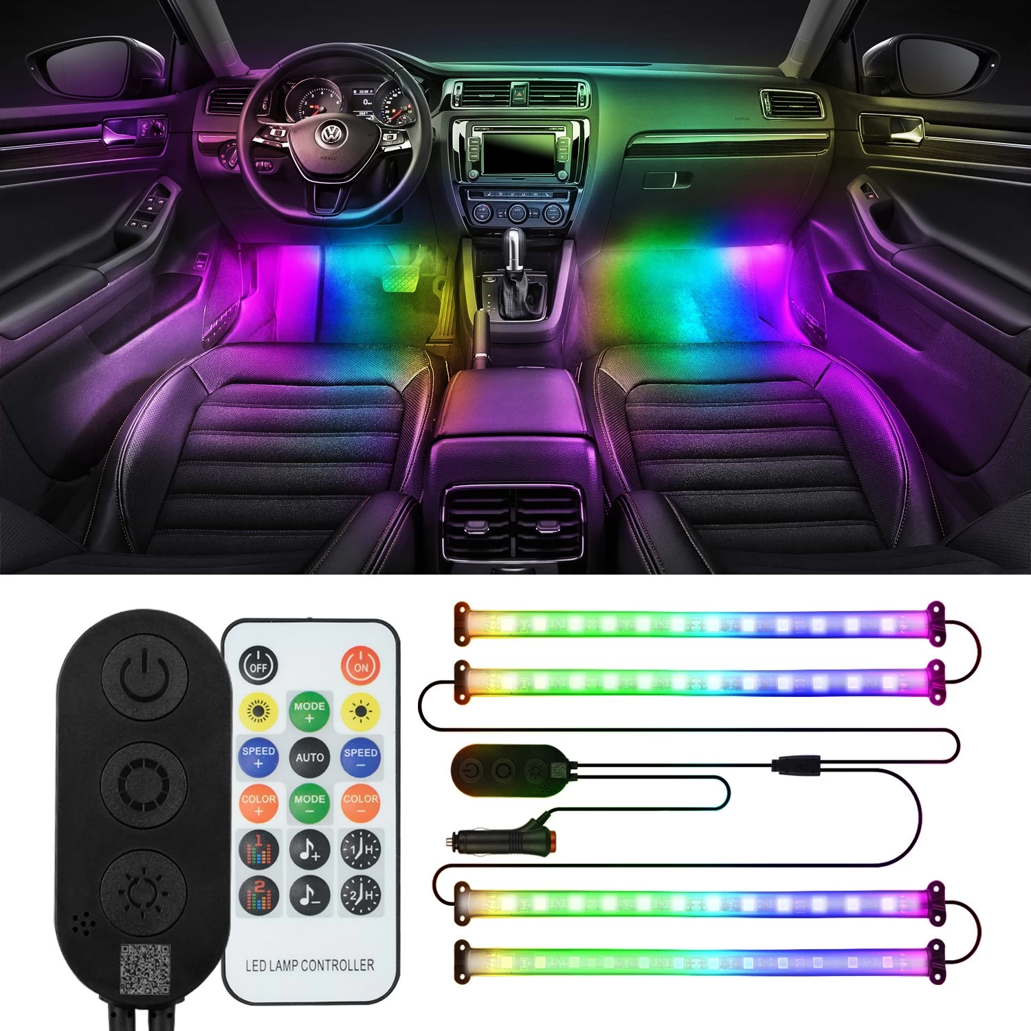 Unionlux Interior Car Lights,Car Accessories LED Lights for Car,Smart APP Control with Remote Control,Music Sync Color Change,16 Million Color car Decor with Car Charger 12V