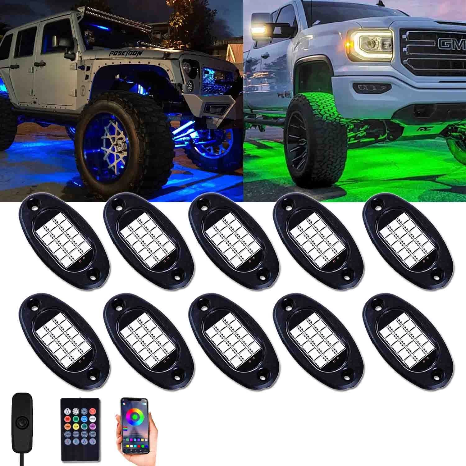 Unionlux RGB LED Rock Lights 60 LEDs Multicolor Underglow Neon Lights Waterproof Aluminum Light Kit with RF/APP Control Music Mode Timing Function for Truck Jeep Off Road Car UTV ATV SUV 8 Packs