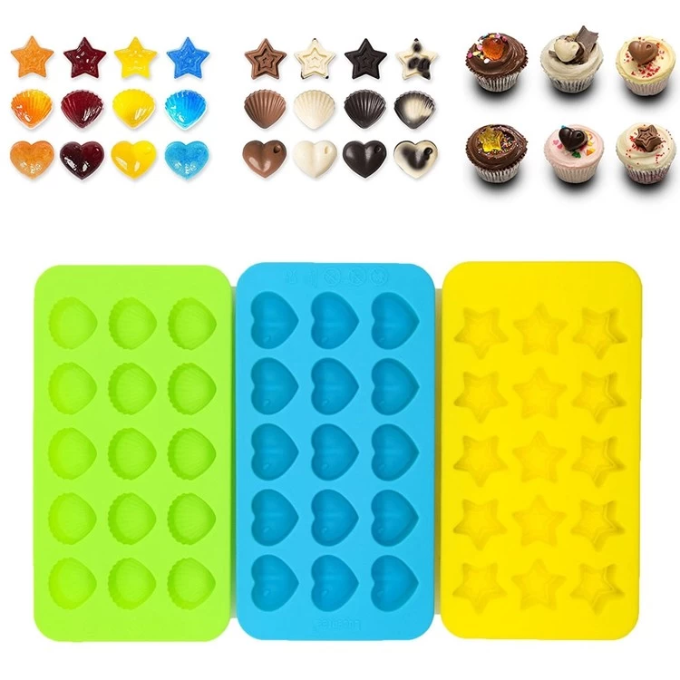 Set Of 3 Ice Cube Molds Trays - Silicone Molds Shapes Hearts, Stars, Shells  - Ice Trays Gift