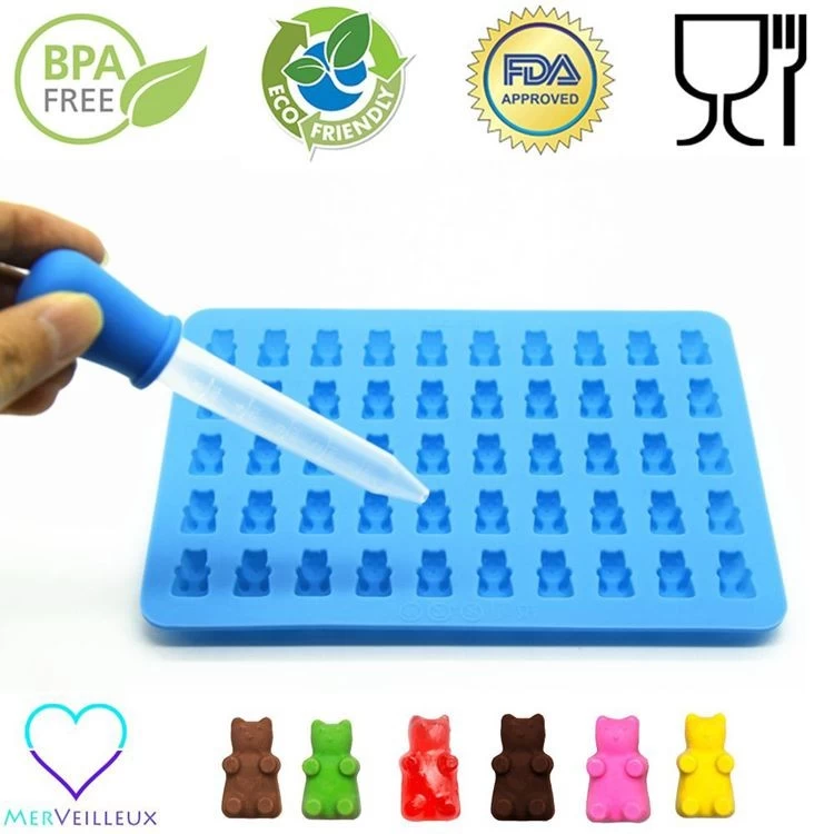 53 Cavities Silicone Gummy Mold BPA Free Nonstick Food Grade Teddy Bear Candy  Mold With Dropper