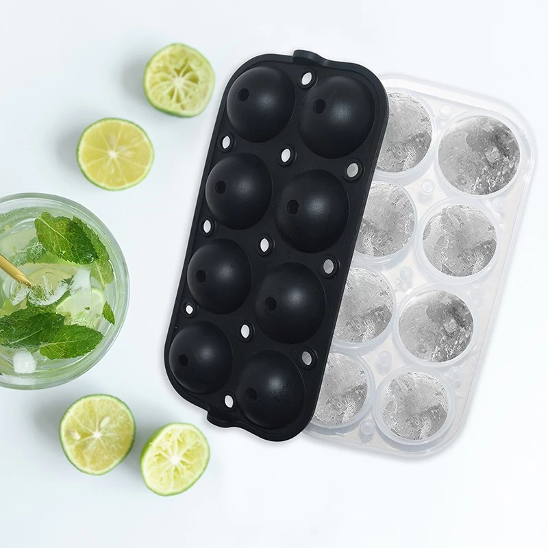 8 Cavity Flexible Large 2 inch Whiskey Ice Ball Maker Mold Easy Release Round Sphere Silicone Ice Cube Tray With Lid
