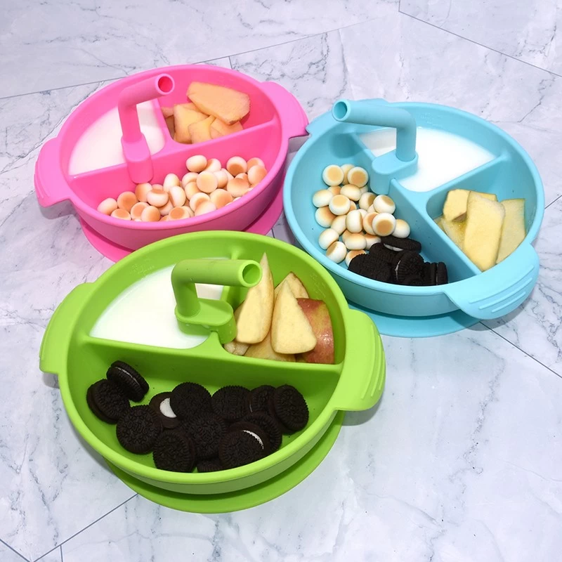 Benhaida BPA-freie Silikon-teilte Kinder-Platten-Saug-Kleinkind-Training-Fütterung Silikon-Babyschüssel mit Deckel und Stroh