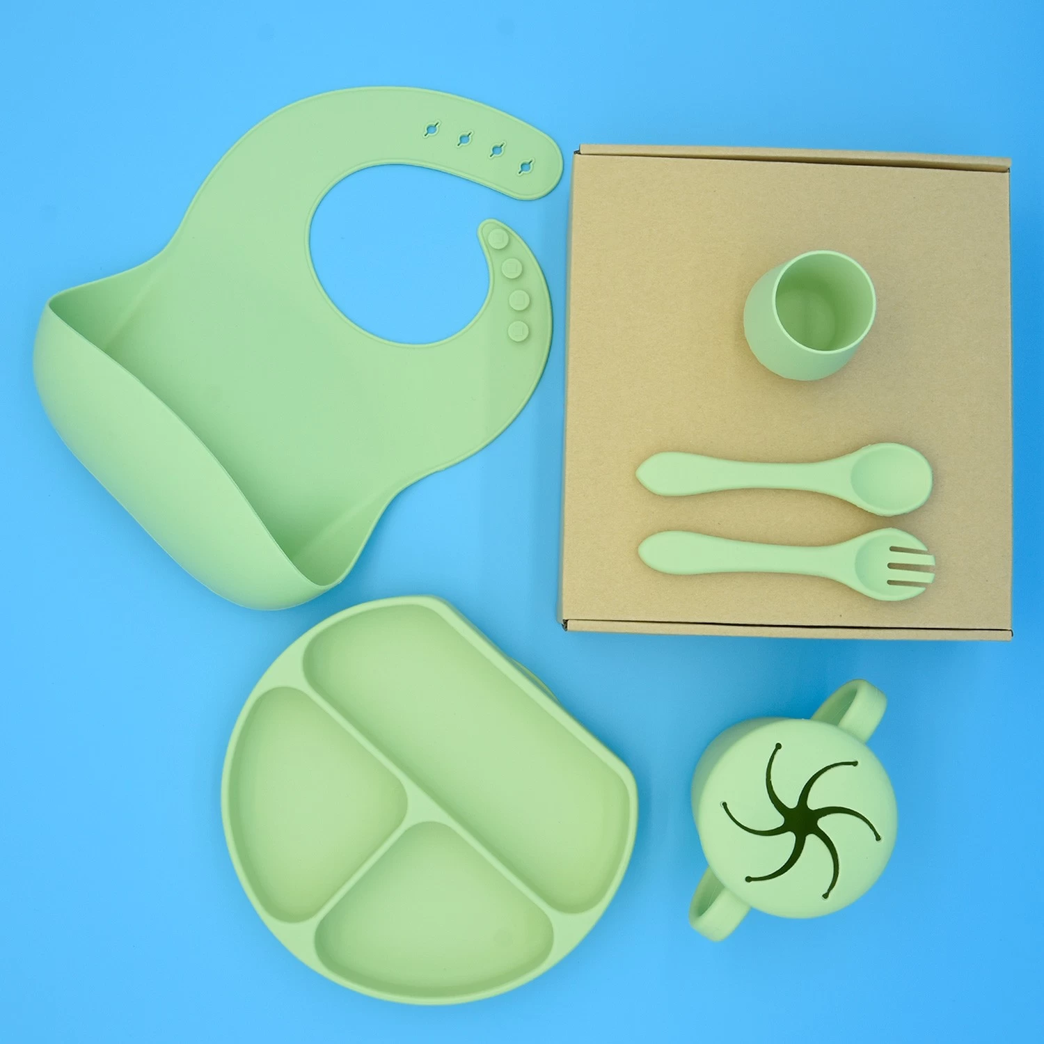 Eco Friendly Non-toxic Suction Plate Baby Bowl Toddler Spoon Fork Baby Bib Silicone Baby Feeding Set