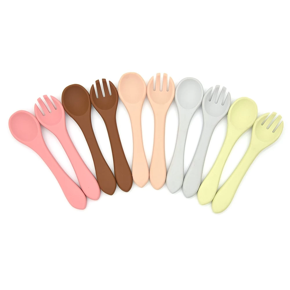 Eco-friendly Bpa Free 100% Food Grade Safe Silicone Baby Fork And Spoon Baby Feeding Set For Toddler Training