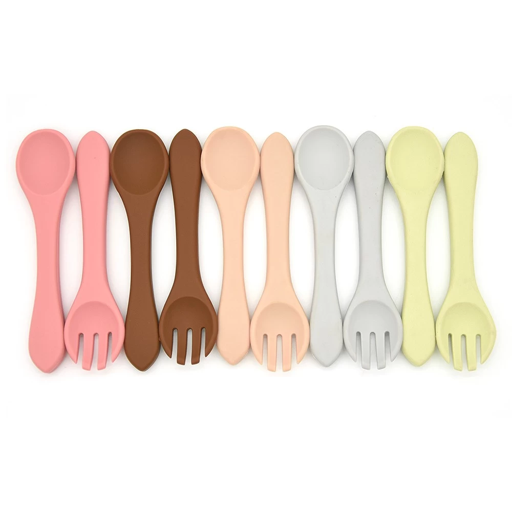 Eco-friendly Bpa Free 100% Food Grade Safe Silicone Baby Fork And Spoon Baby Feeding Set For Toddler Training