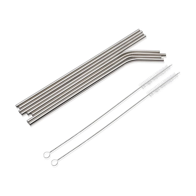 Eco-friendly Reusable 8 Pack 304 Stainless Steel Drinking Straws with Cleaning Brush