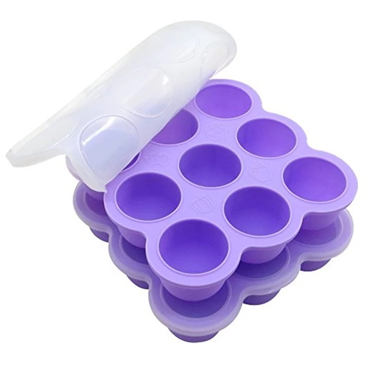 Food Grade Silicone Baby Food Storage Container,9 Cavity Food Freezer Tray with Clip On Lid