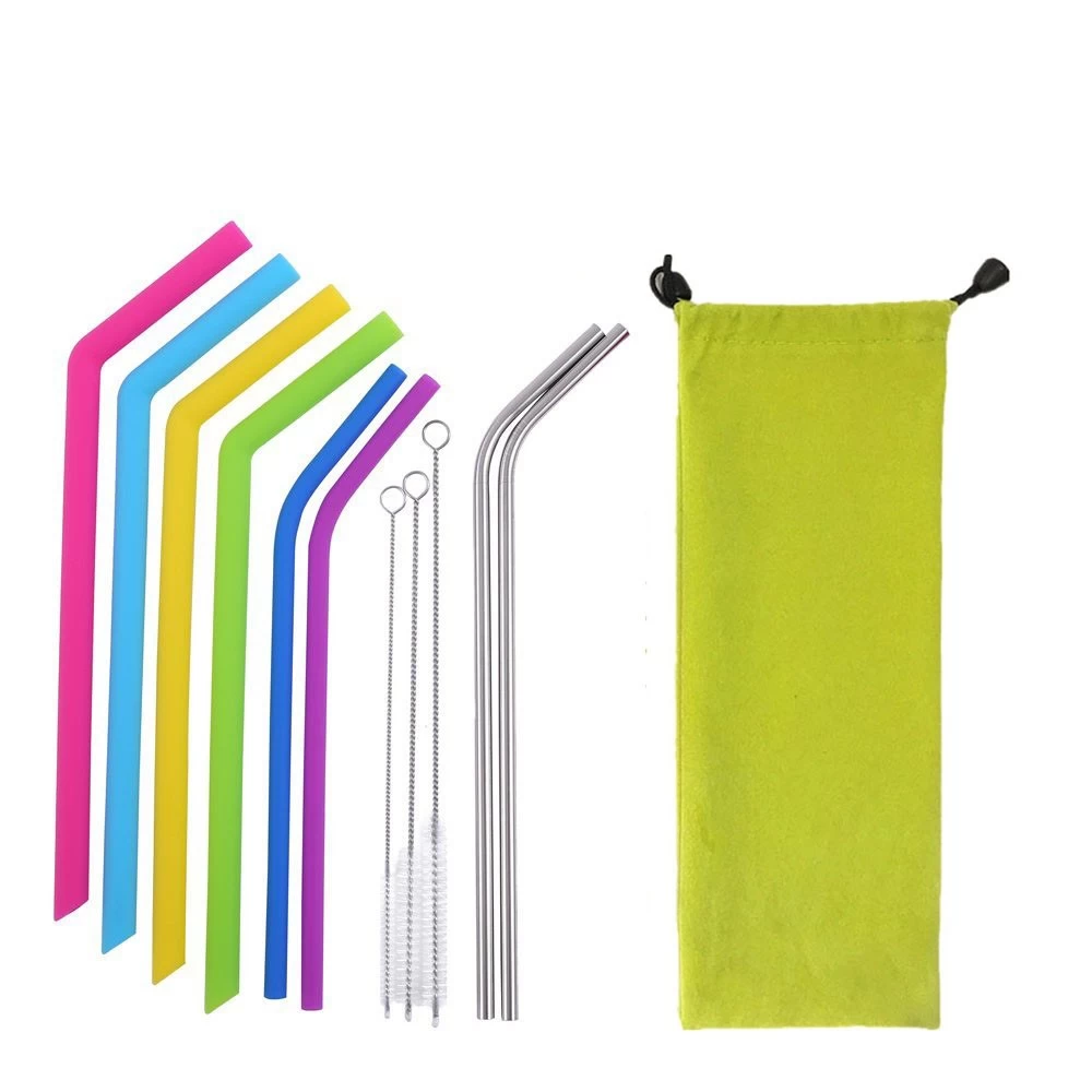 Wholesale reusable silicone straws packs of 8 drinking straws with cleaning brush