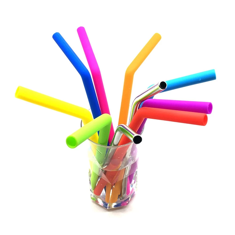 Wholesale reusable silicone straws packs of 8 drinking straws with cleaning brush