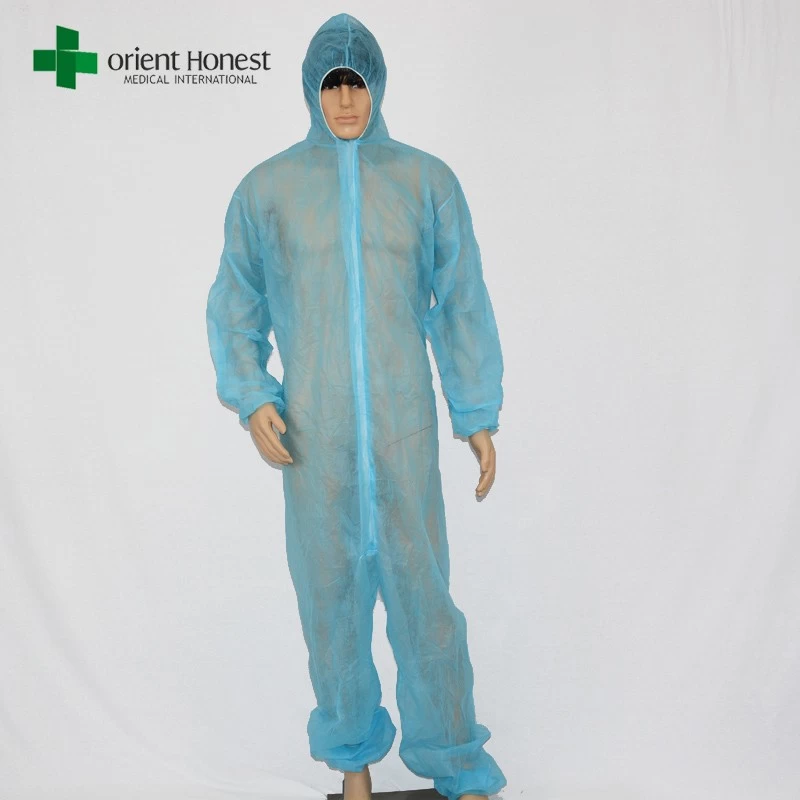 Cina Cina Pabrik biru pakai nonwoven coverall, PP berkerudung pelindung pemasok tubuh jas, seragam pabrik PP25g debu overall pabrikan