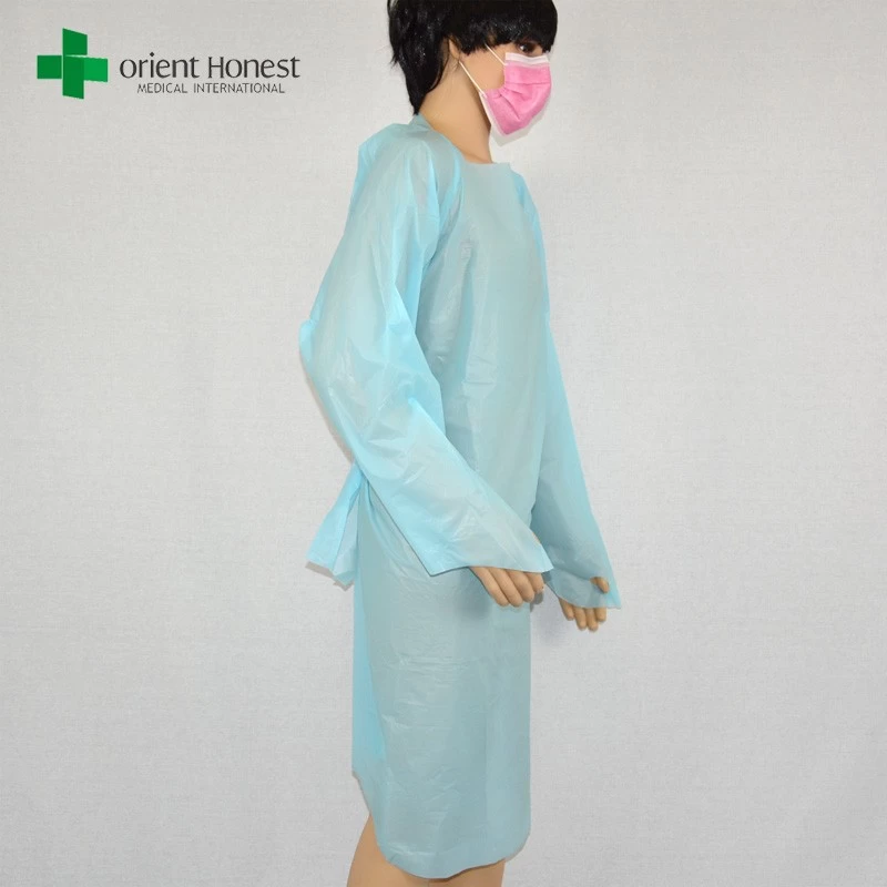 China manufacturer waterproof hospital CPE gown，wholesaler custom CPE isolation gown，blue medical CPE surgical gown
