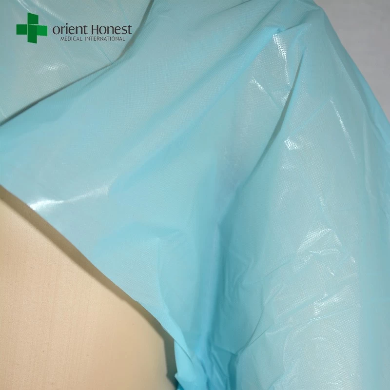 China manufacturer waterproof hospital CPE gown，wholesaler custom CPE isolation gown，blue medical CPE surgical gown