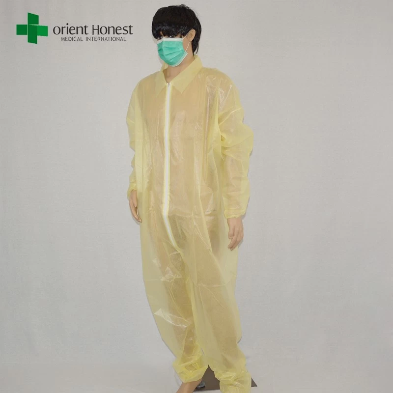 China plant non woven disposable coveralls,disposable PE coated PP yellow coverall,disposable medical coverall with collar