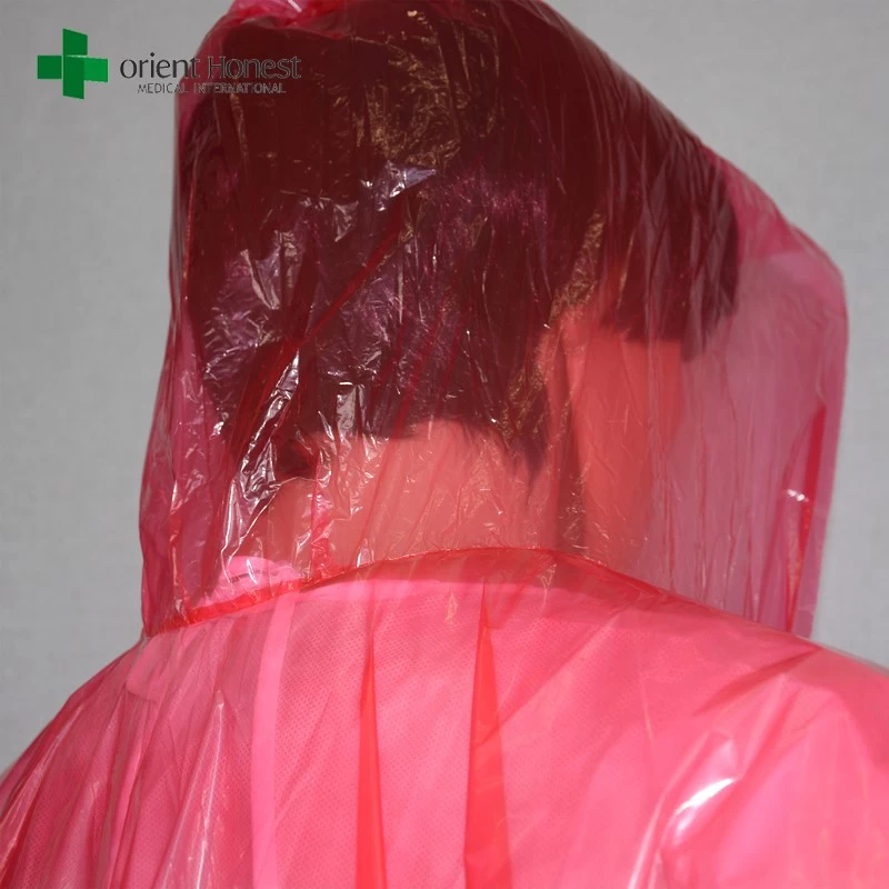 LDPE transparent plastic rain suits,China supplier plastic raincoat with hood,clear red disposable emergency poncho
