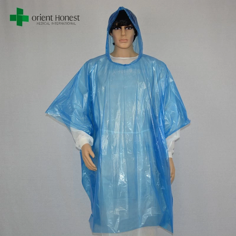 blue plastic raincoat with hood,one time use clear rain poncho , colorful PE lightweight rain poncho