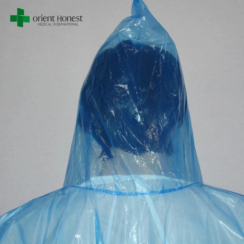 blue plastic raincoat with hood,one time use clear rain poncho , colorful PE lightweight rain poncho