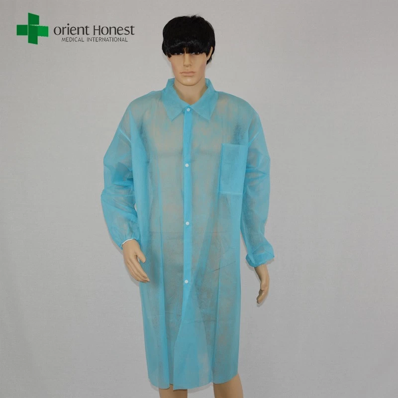 Cina murah manset elastis produsen jas laboratorium, pakai PP30g lab biru mantel, Cina tanaman untuk tunggal kerah jas lab pabrikan