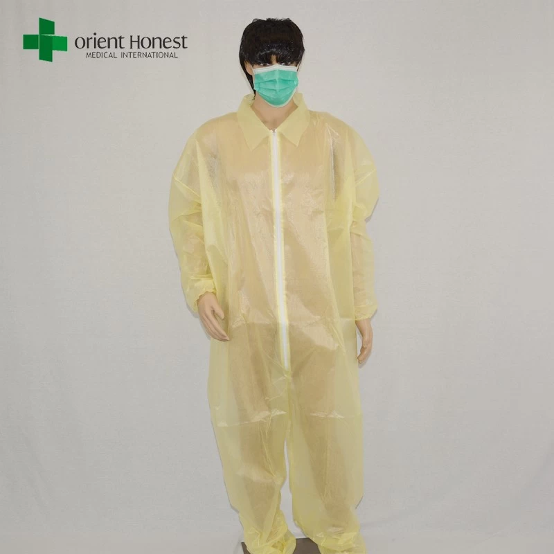 China chinese disposable waterproof coveralls,single collar disposable plastic overall,yellow cheap diposable overalls wholesale manufacturer