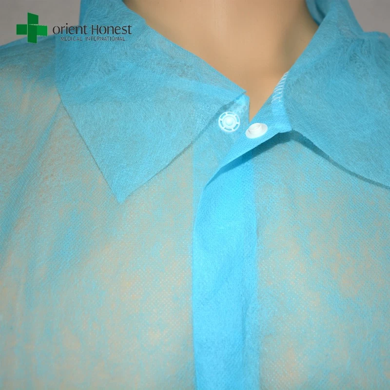 disposable uniform lab coat exporter，blue China disposable lab coat with collar，wholesales non-woven lab coat