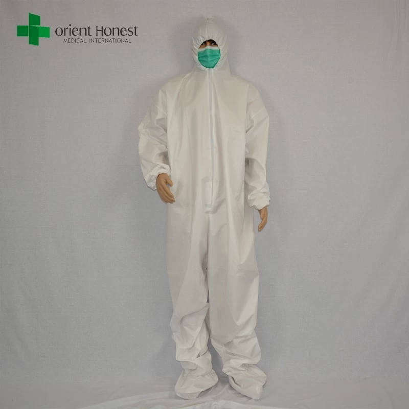 disposable white coveralls with boot cover,chemical protective clothing,SF disposable clothes supplier