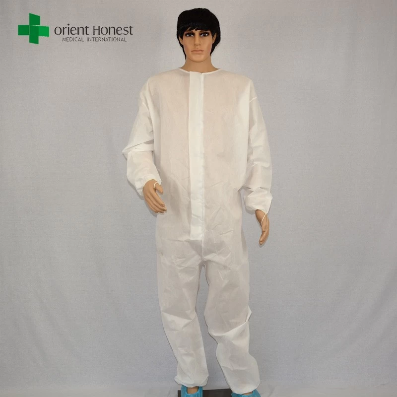 중국 일회용 옷, 보호 흰색 작업복, 지퍼 전면 플랩 SMS의 작업복 제조업체