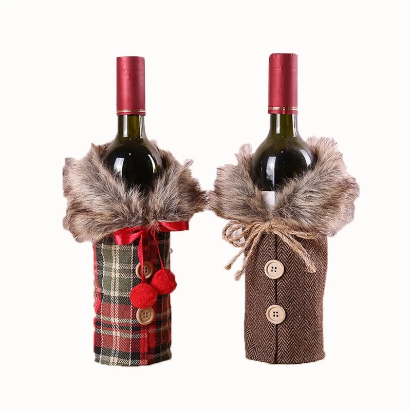 China Xmas table festival decorations Gift Bag red christmas wine bottle cover with props bow linen hair collar Hersteller