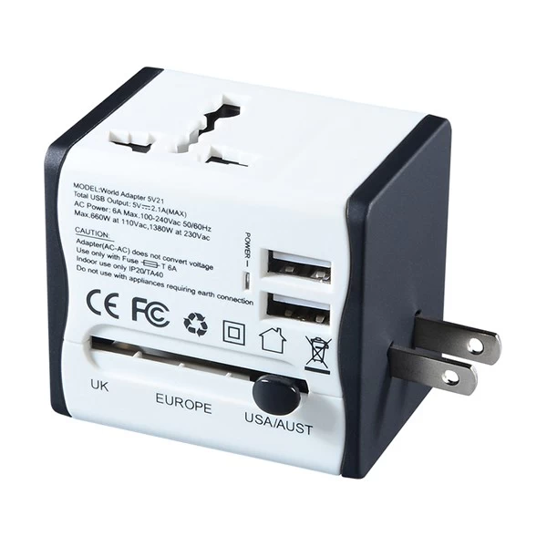 ADAPTATEUR UNIVERSEL DE VOYAGE AVEC 2 SORTIES USB - BLANC