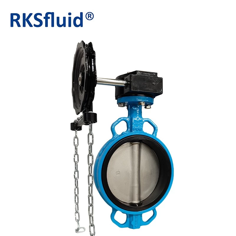 China CF8 DN200 PN16 wafer type gearbox operated ductile iron resilient seat butterfly valve with chain wheel manufacturer