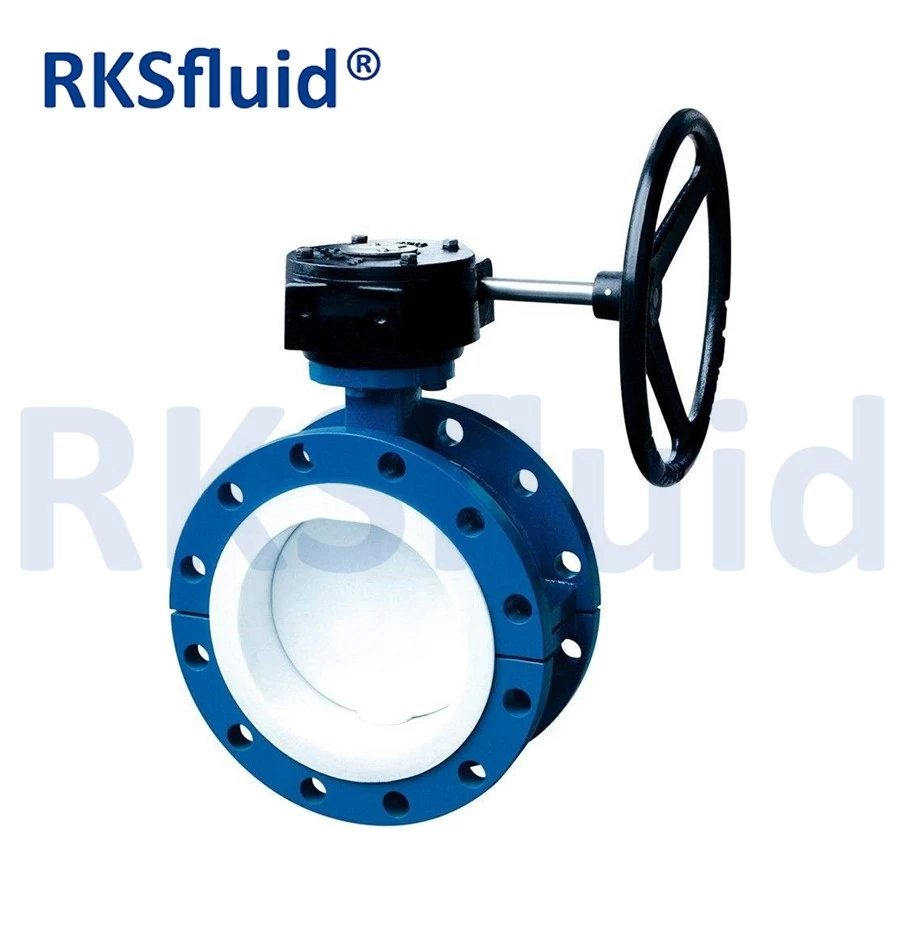 China PTFE lined PTFE seat disc worm gear handwheel flange butterfly valve manufacturer
