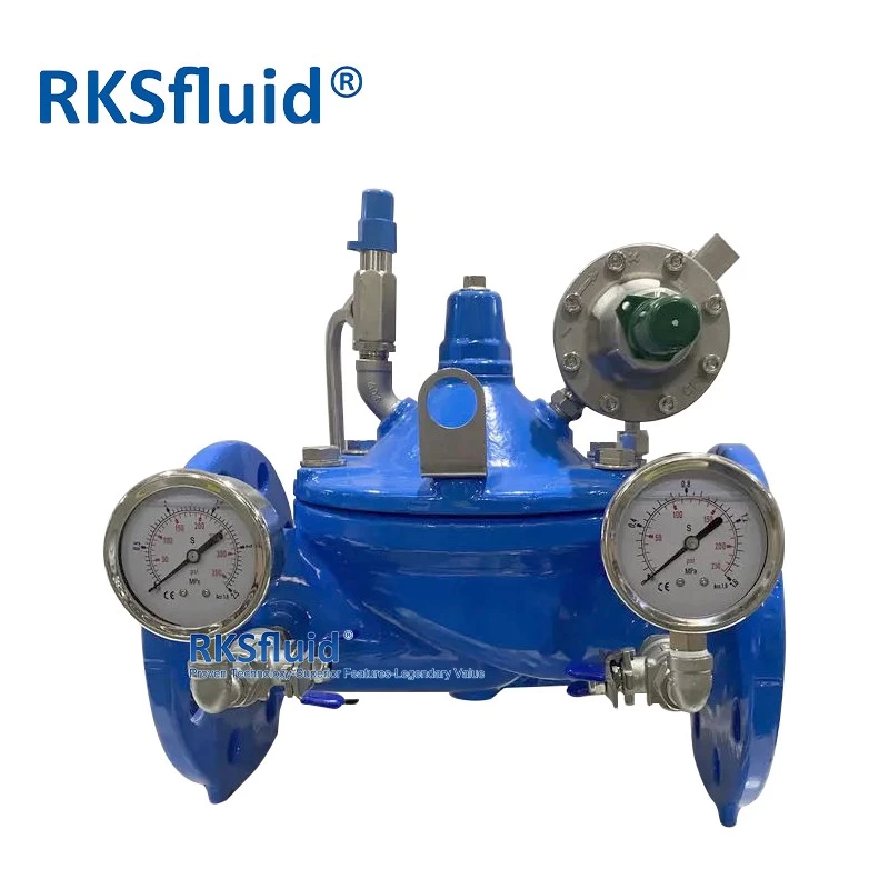 الصين RKSfluid صمام التحكم القابل للتخصيص 3 بوصة 200x PRV الدكتايل الحديد ضغط الضغط الصمامات تقليل الصمامات مع مقياس الضغط الصانع