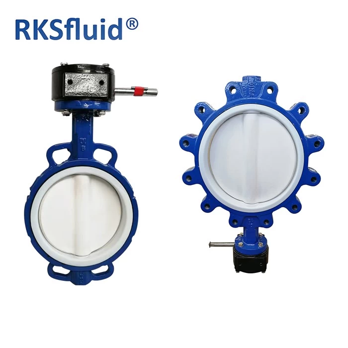 중국 RKSfluid 주철 바디 PN10 하드백 핀 웨이퍼 러그 PTFE 안감 버터 플라이 밸브 제조업체